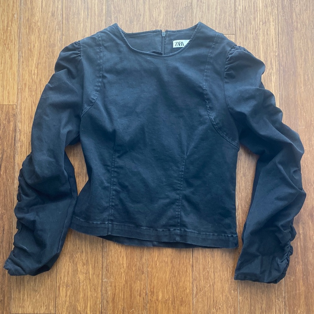 Black ruched sleeve denim-ish ultra cool blouse: